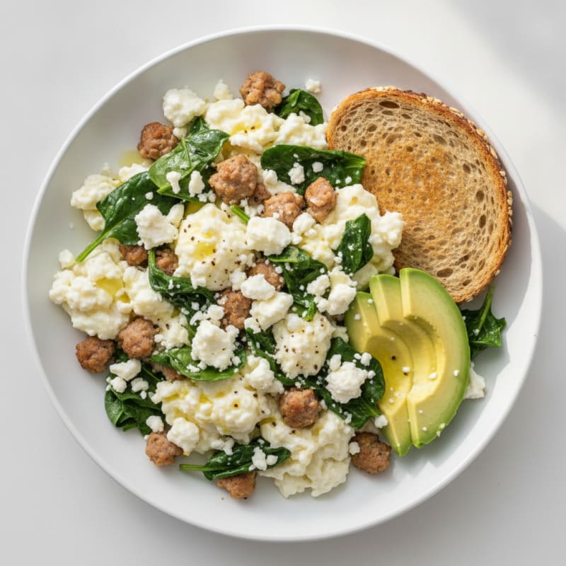 Egg White and Turkey Sausage Scramble with Spinach and Feta