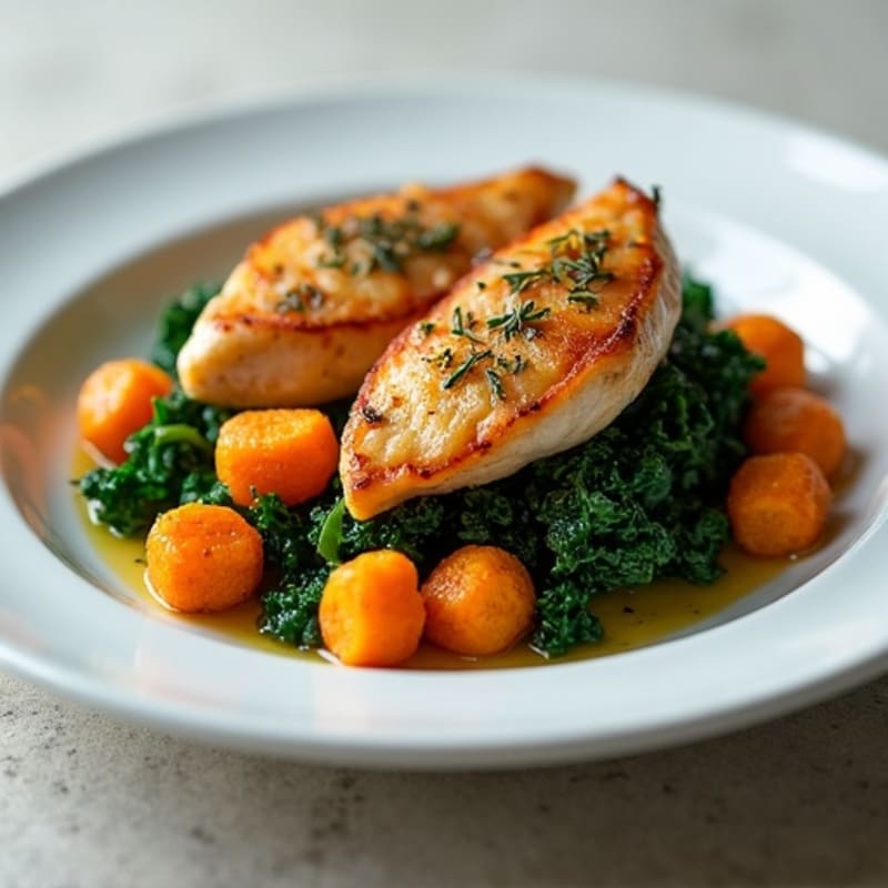 Crispy Sweet Potato Gnocchi with Herb-Roasted Chicken and Sautéed Kale
