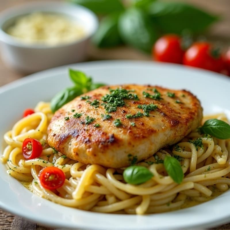 Pan-Seared Chicken with Creamy Pesto Whole Wheat Pasta
