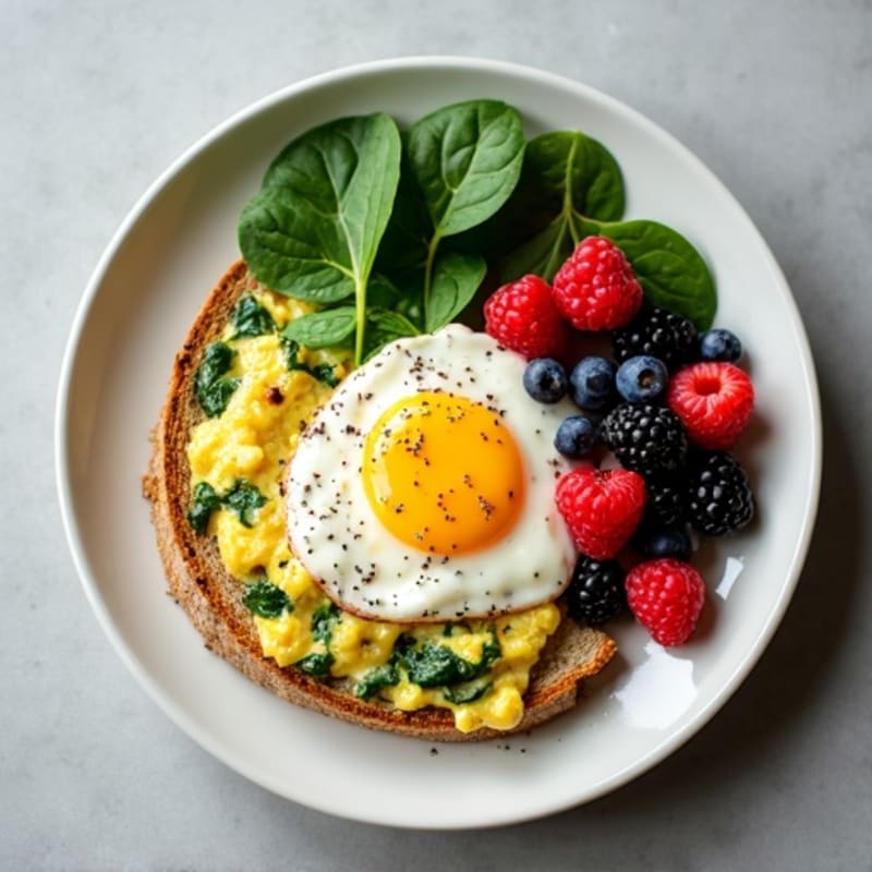 Egg White and Spinach Scramble with Cottage Cheese and Berries