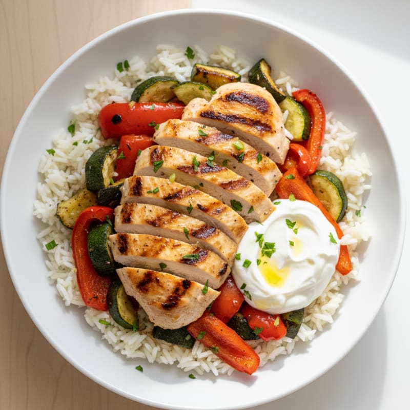 Grilled Chicken and Rice Bowl with Roasted Peppers and Zucchini