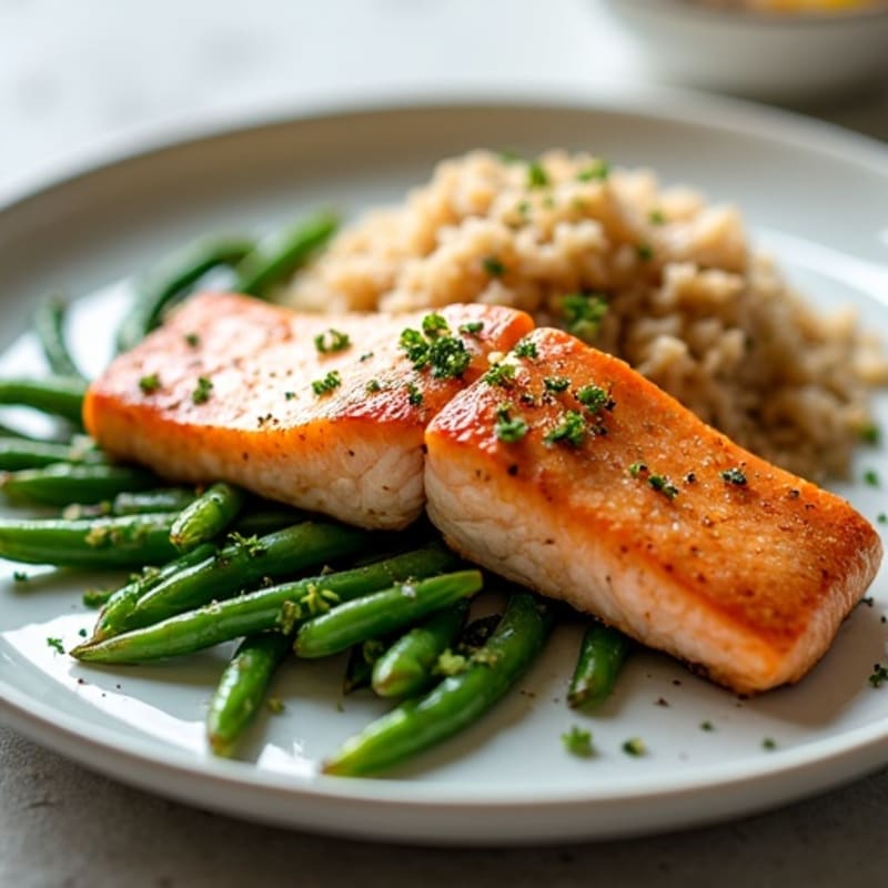 Seared Salmon Fillet with Garlic Green Beans and Brown Rice