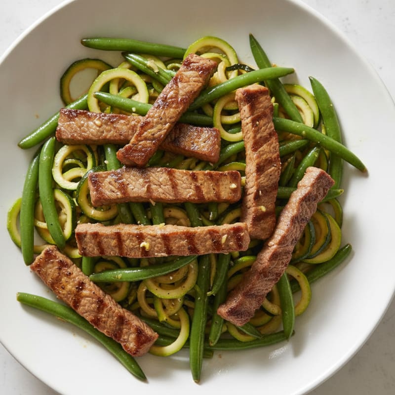 Seared Lean Beef with Garlicky Green Beans and Zucchini Noodles