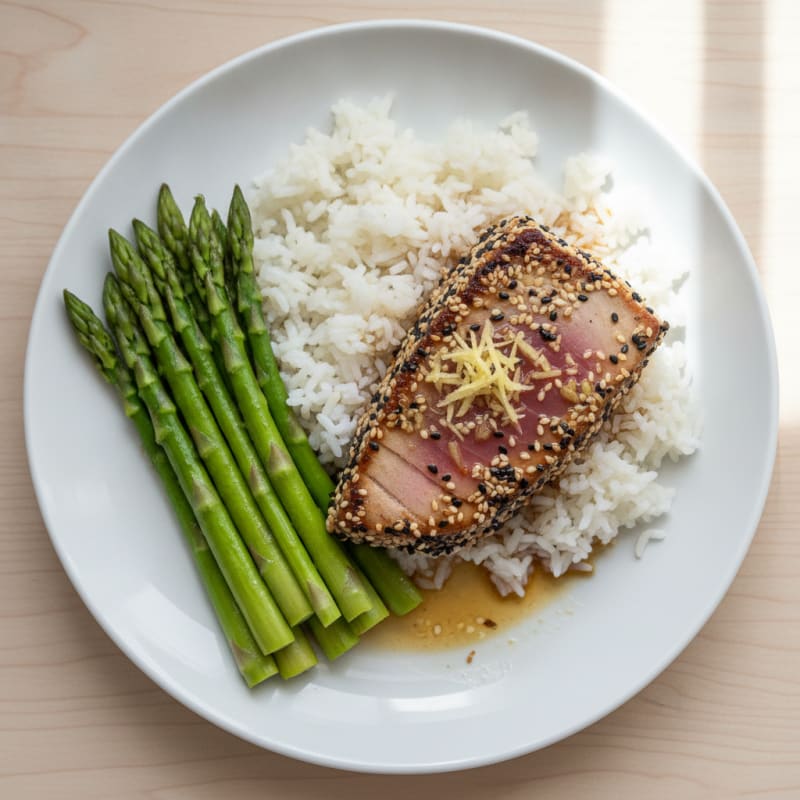 Seared Tuna Steak with Steamed Asparagus and Jasmine Rice