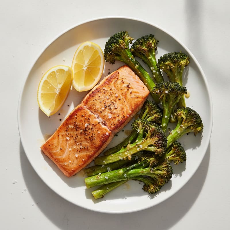Seared Salmon Filet with Roasted Broccoli and Lemon