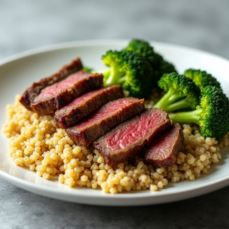Seared Lean Beef Strips with Roasted Broccoli and Quinoa