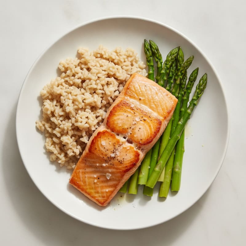 Seared Salmon with Steamed Asparagus and Brown Rice