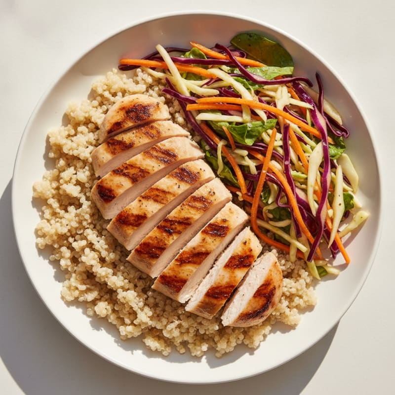 Grilled Chicken Breast with Crunchy Cabbage Slaw and Quinoa