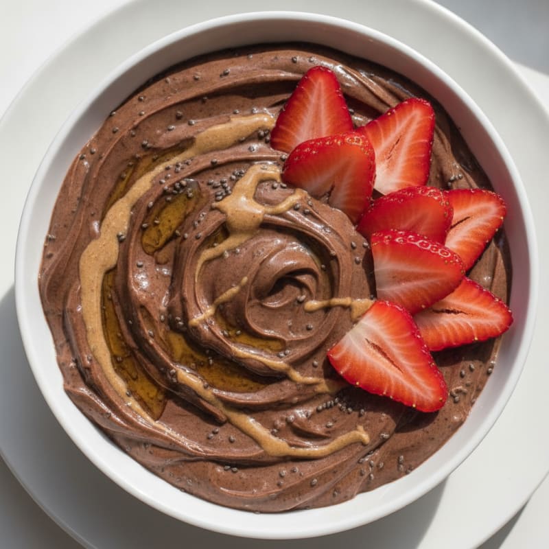 Silky Chocolate Protein Pudding with Chia and Sliced Strawberries