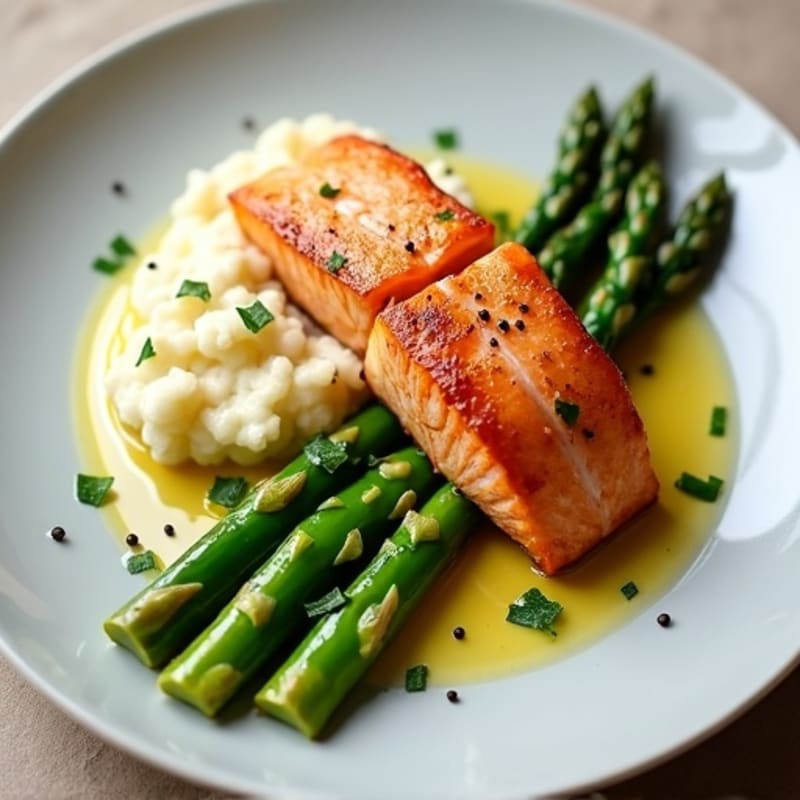 Seared Salmon with Steamed Asparagus and Cauliflower Mash