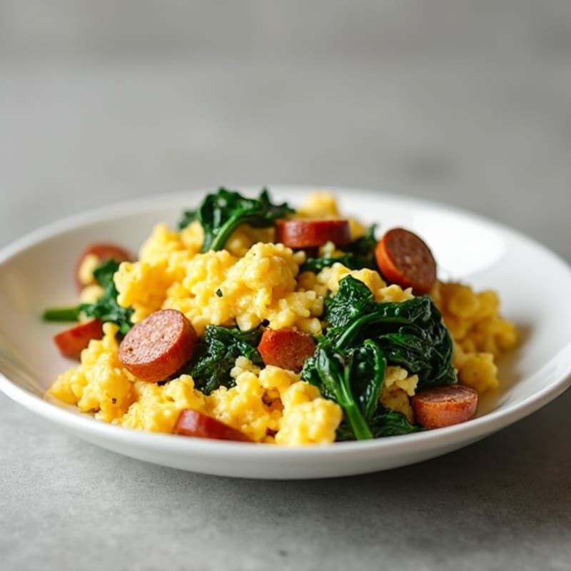 Egg White Scramble with Turkey Sausage and Sautéed Spinach