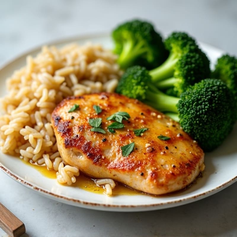 Lemon Garlic Pan-Seared Chicken with Fluffy Brown Rice and Crispy Roasted Broccoli