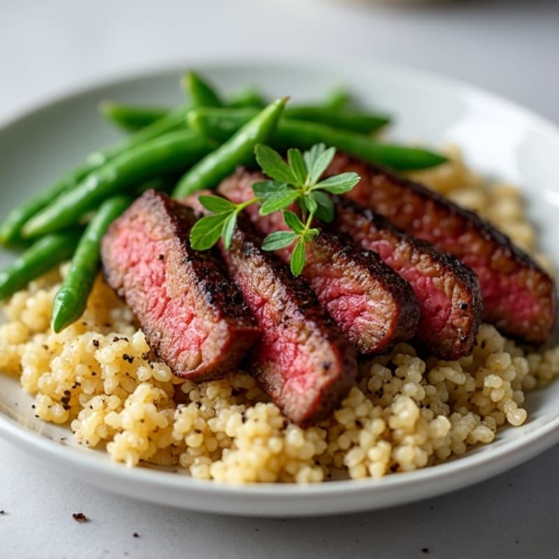 Seared Lean Beef Strips with Garlic Green Beans and Quinoa