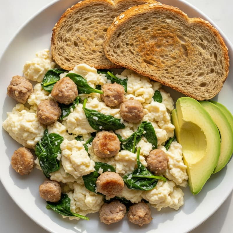 Egg White Spinach Scramble with Turkey Sausage