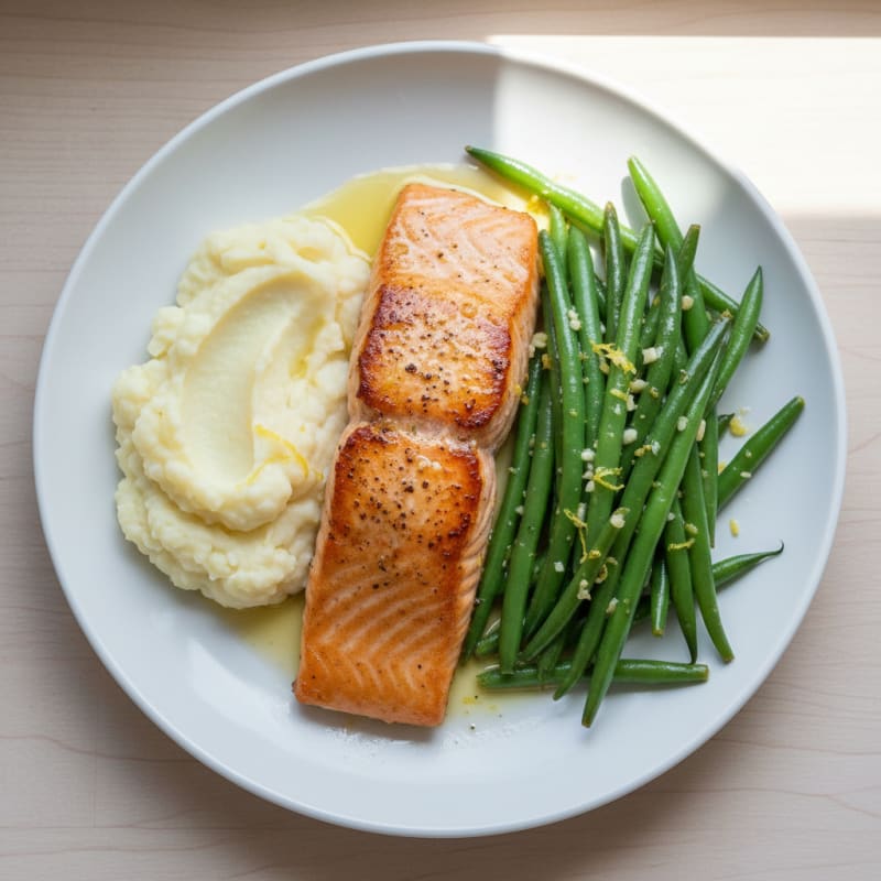 Seared Salmon with Garlic Green Beans and Mashed Cauliflower