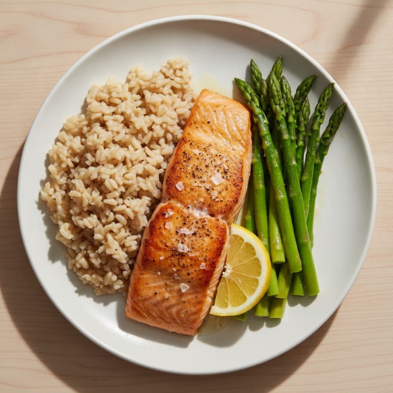Seared Salmon Fillet with Steamed Asparagus and Brown Rice