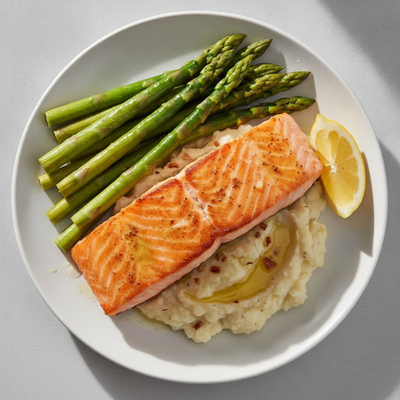 Pan-Seared Salmon with Steamed Asparagus and Garlic Mashed Cauliflower