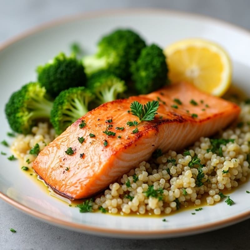 Seared Salmon with Steamed Broccoli and Lemon Herb Quinoa