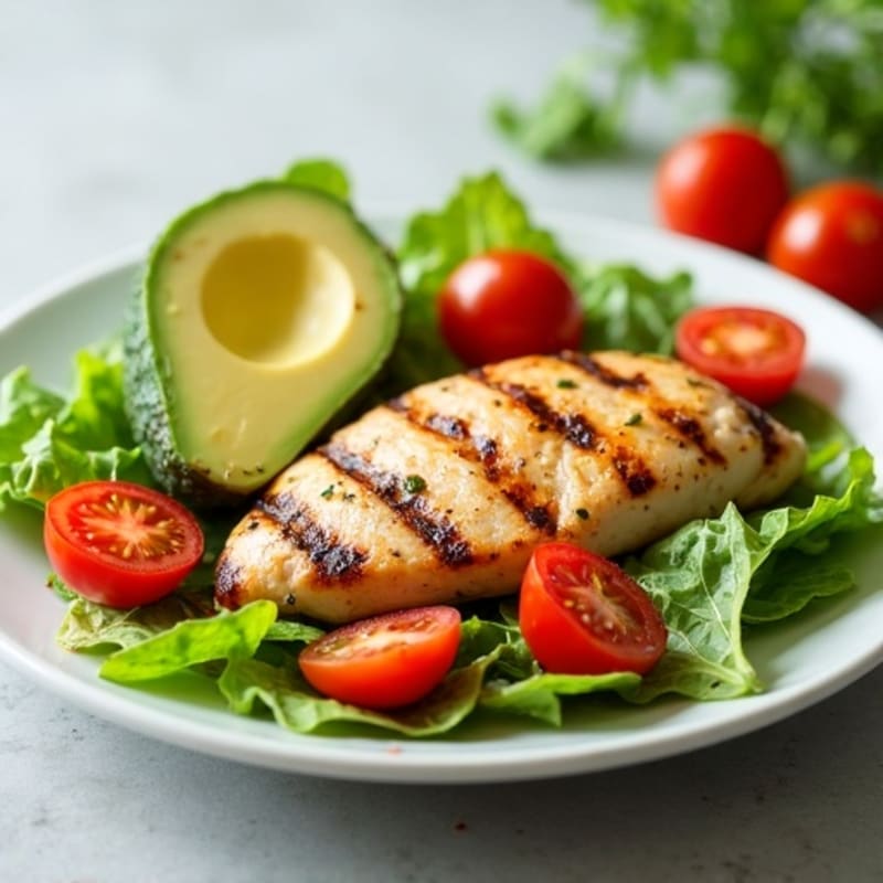 Grilled Chicken Breast with Crisp Romaine and Cherry Tomato Salad