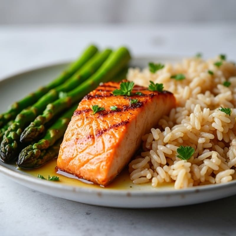 Seared Salmon with Steamed Asparagus and Brown Rice