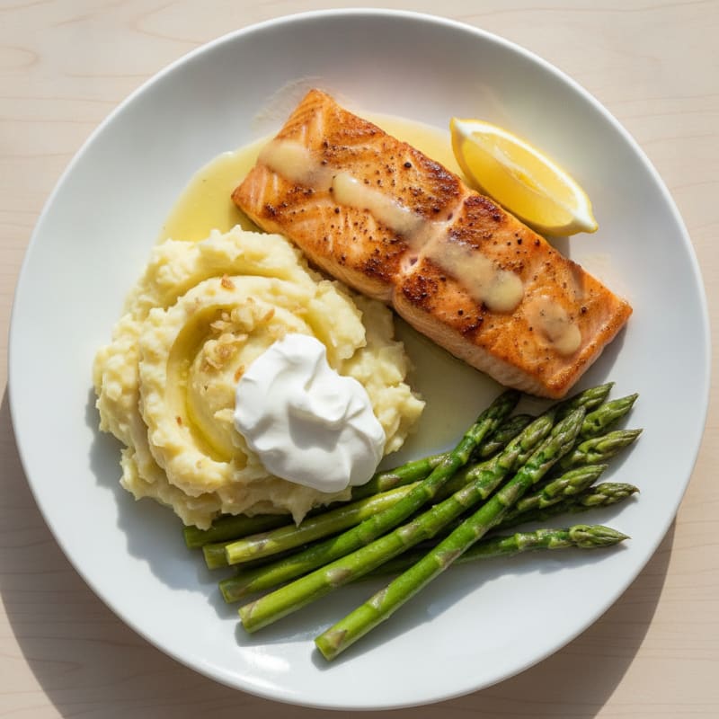 Seared Salmon Fillet with Steamed Asparagus and Garlic Mashed Potatoes