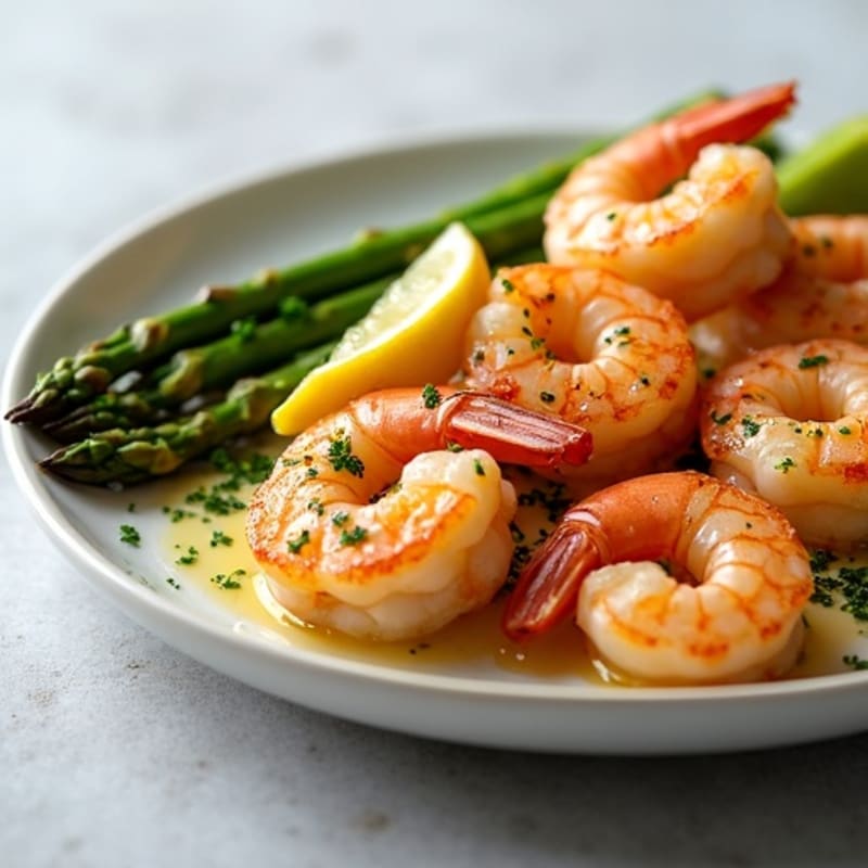 Juicy Lemon Garlic Pan-Seared Shrimp with Roasted Asparagus