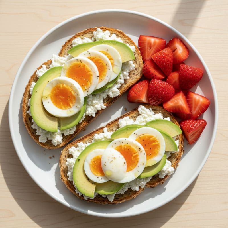 Egg and Cottage Cheese Toast with Avocado and Strawberries