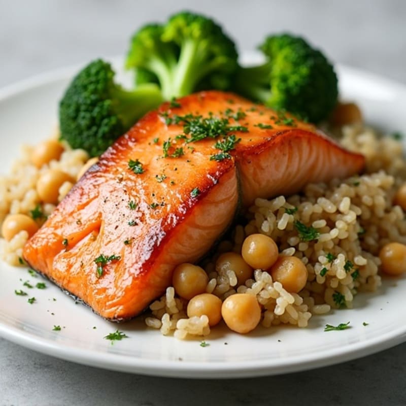 Seared Salmon with Herbed Rice and Steamed Broccoli