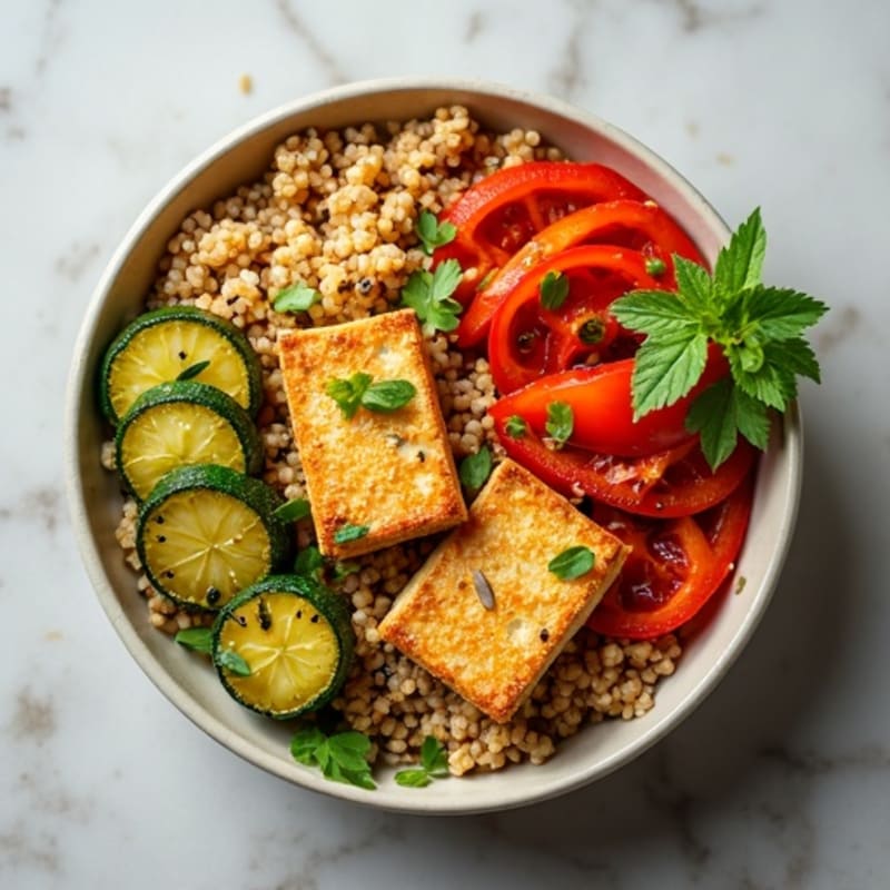 Crispy Tofu Power Bowl with Quinoa and Roasted Vegetables
