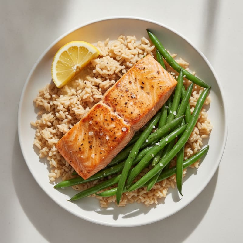 Seared Salmon with Steamed Green Beans and Brown Rice