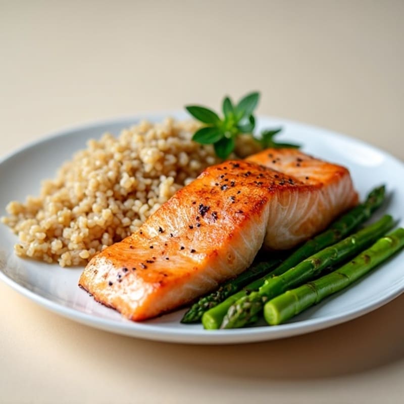 Seared Salmon Fillet with Steamed Asparagus and Brown Rice