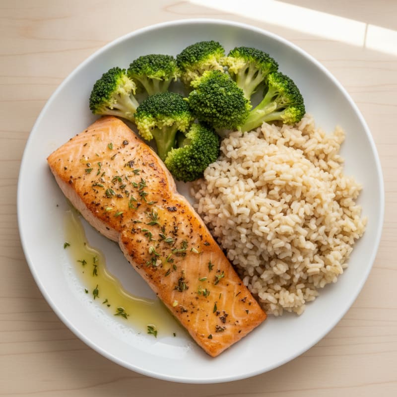 Herb-Roasted Salmon with Steamed Broccoli and Brown Rice
