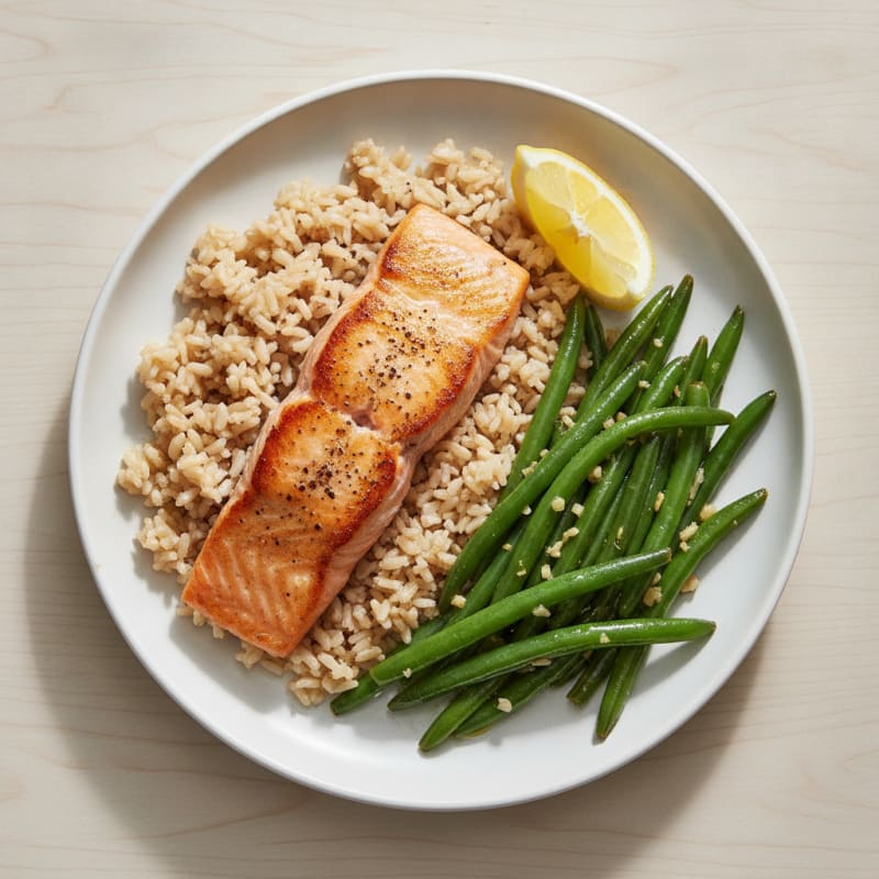 Seared Salmon with Garlic Green Beans and Steamed Brown Rice