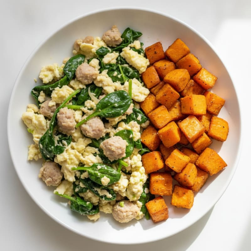 Egg White and Turkey Sausage Scramble with Spinach and Roasted Sweet Potatoes