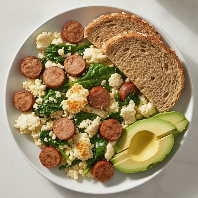 Egg White Scramble with Turkey Sausage and Spinach