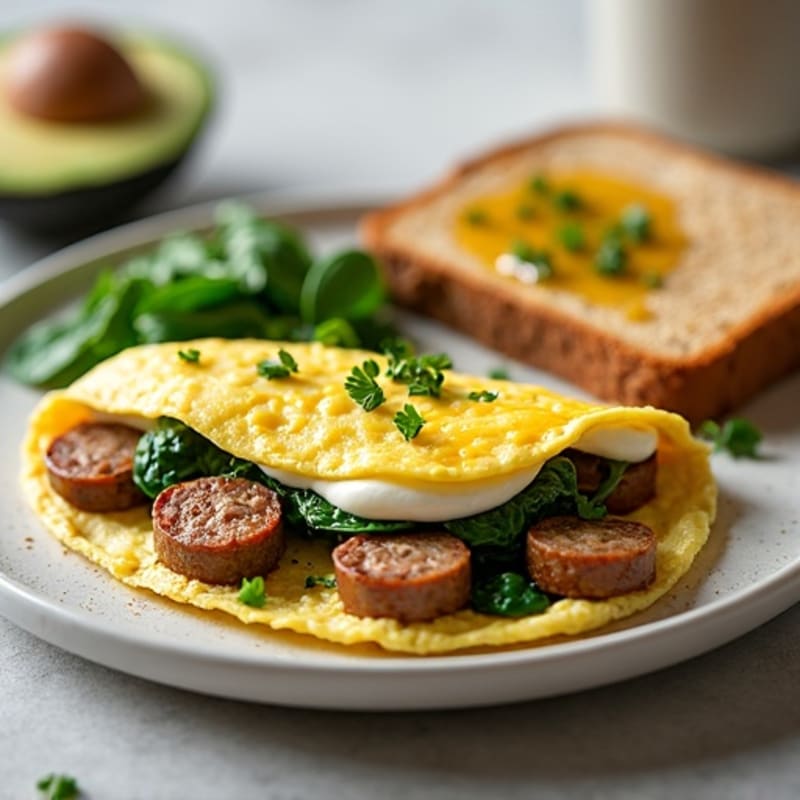 Egg White Omelet with Turkey Sausage and Sautéed Spinach