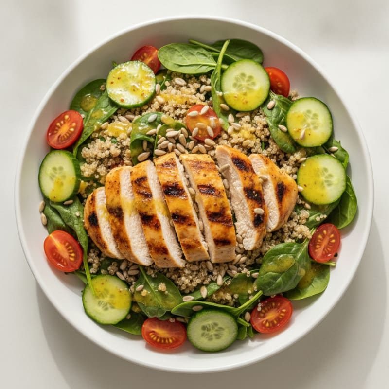 Grilled Chicken and Quinoa Salad with Spinach and Lemon Vinaigrette
