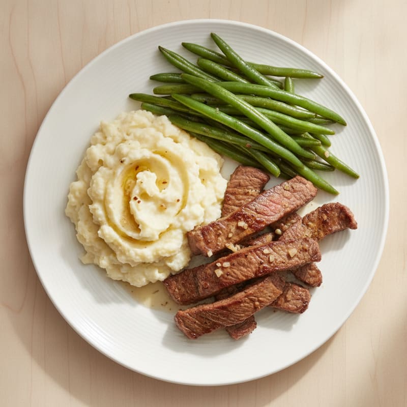 Seared Lean Beef Strips with Steamed Green Beans and Mashed Cauliflower