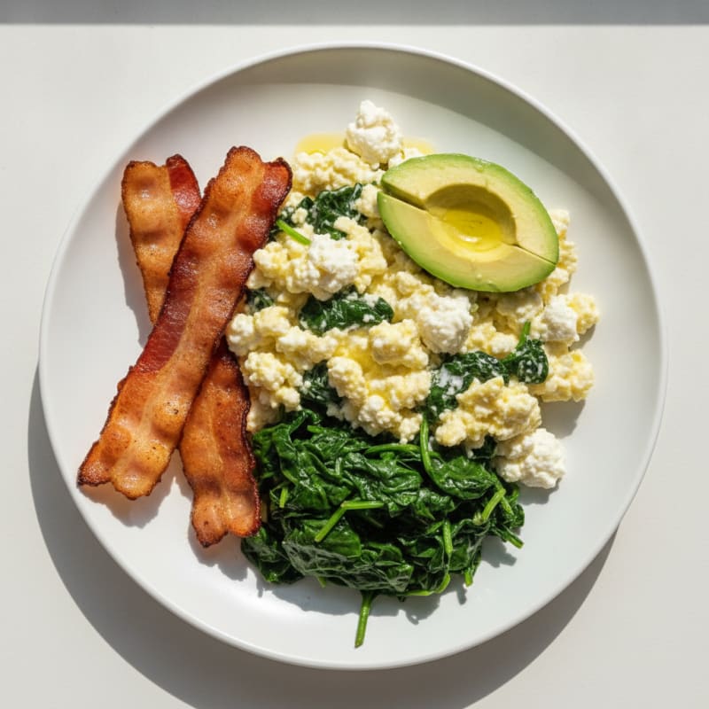 Cottage Cheese Scramble with Sautéed Spinach and Turkey Bacon