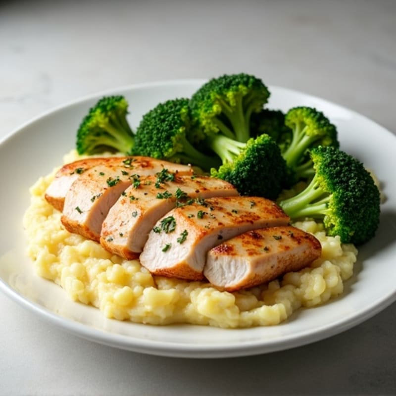 Seared Turkey Breast with Garlic Mashed Potatoes and Roasted Broccoli