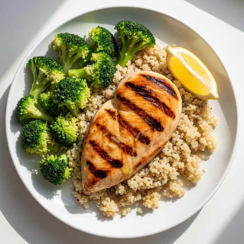 Grilled Chicken Breast with Steamed Broccoli and Quinoa