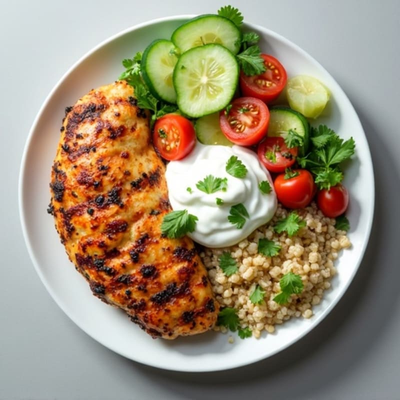 Grilled Chicken Breast with Quinoa Tabbouleh and Cucumber Yogurt Sauce