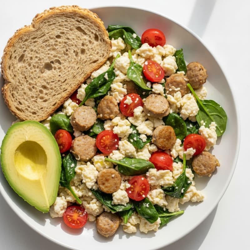 Egg White and Turkey Sausage Scramble with Spinach and Cherry Tomatoes