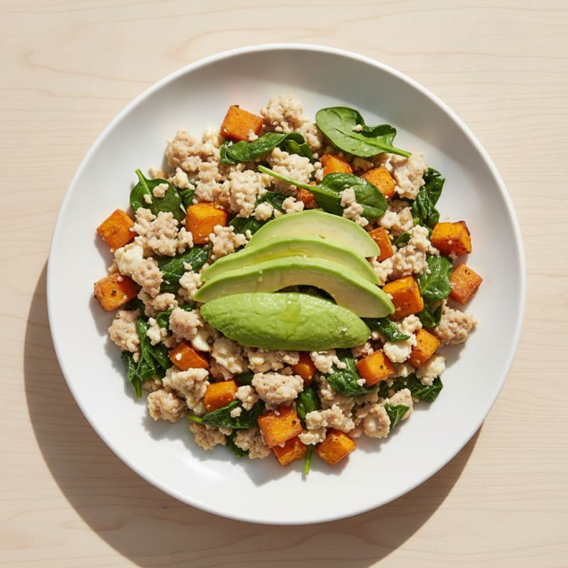 Egg White and Turkey Sausage Scramble with Spinach and Roasted Sweet Potatoes