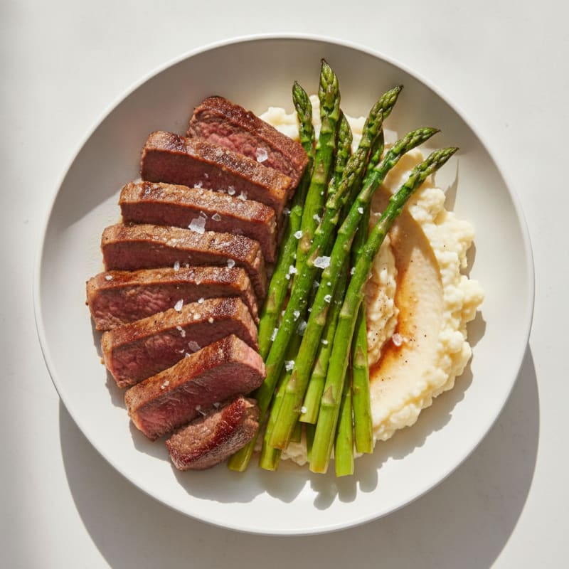 Seared Lean Beef Strips with Roasted Asparagus and Cauliflower Mash