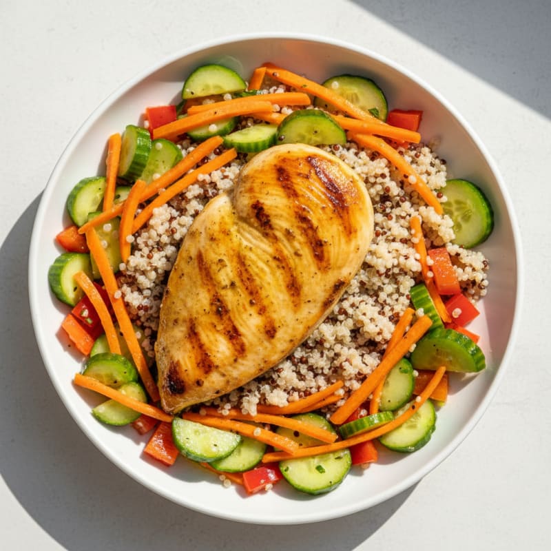 Grilled Chicken Breast with Crunchy Vegetable Salad and Quinoa