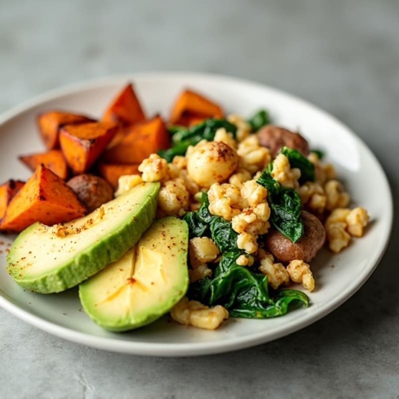 Egg White and Turkey Sausage Scramble with Roasted Sweet Potatoes