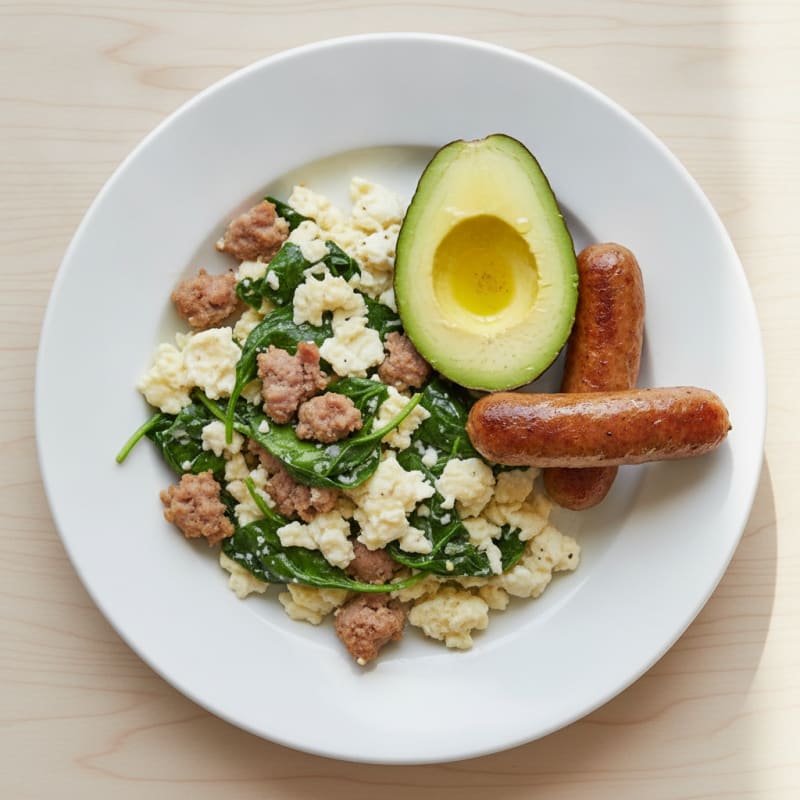 Scrambled Egg Whites with Turkey Sausage and Sautéed Spinach