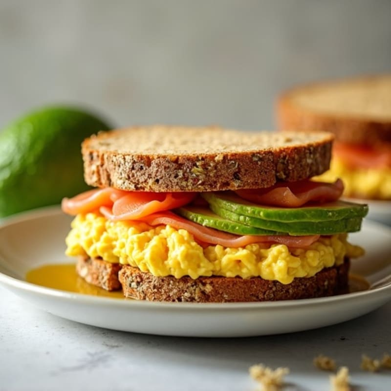 Scrambled Egg and Smoked Salmon Breakfast Sandwich with Avocado