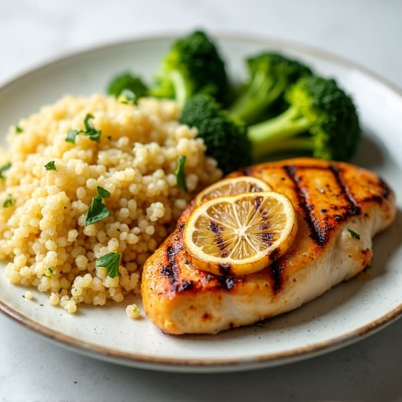 Grilled Lemon Garlic Chicken Breast with Quinoa and Roasted Broccoli